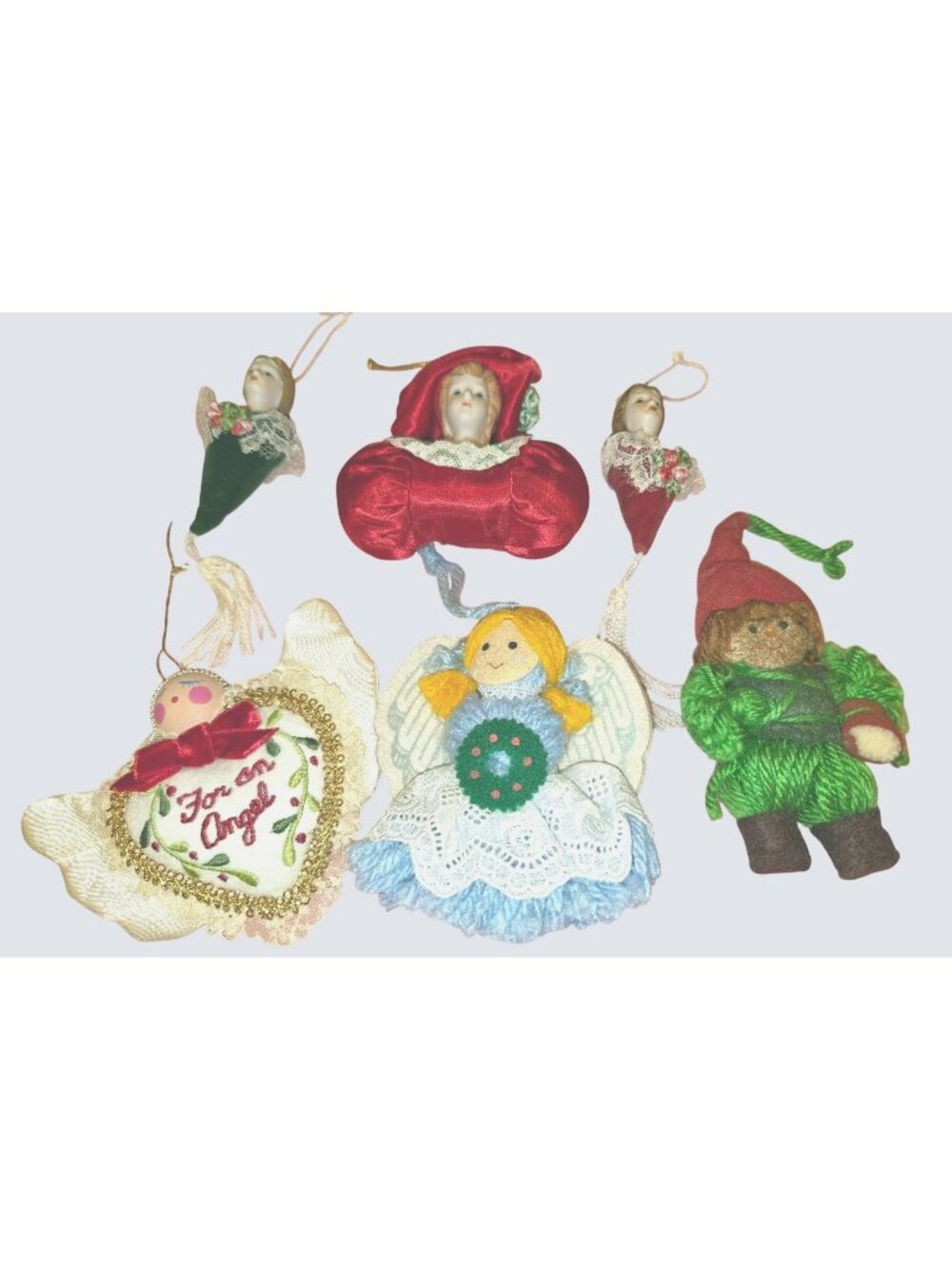 Vintage Handmade Christmas Ornaments Set Of 7 Angels Gnome Porcelain Heads Fabri